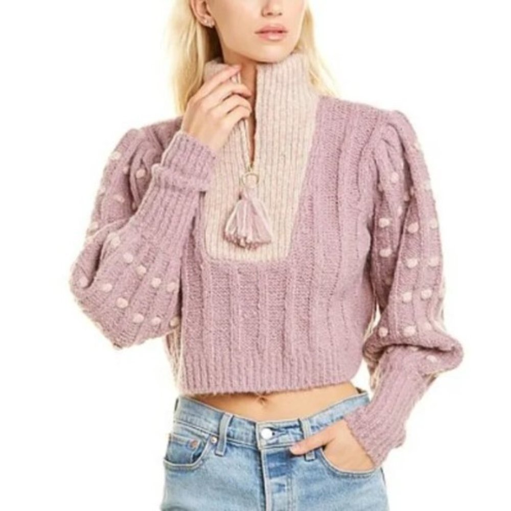 LoveShackFancy Pink & Cream Chunky Cable-Knit Turtleneck Sweater